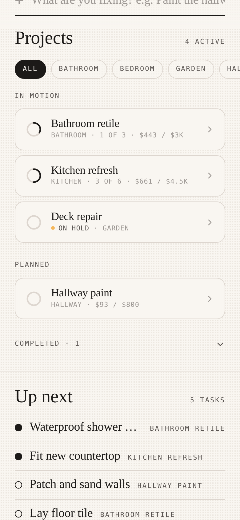Renosaur home screen showing room projects with task progress and budgets
