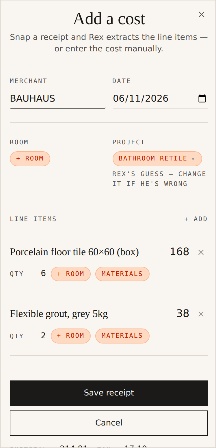 Renosaur receipt editor showing parsed line items with room, category and project tags